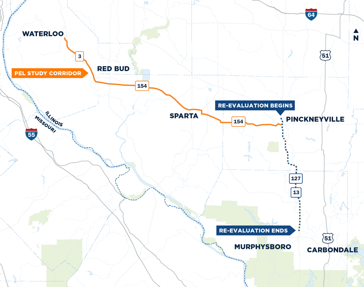 Study area map showing the Illinois Route 154 corridor from Waterloo through Red Bud and Sparta to Pinckneyville, with the re-evaluation area continuing south along Routes 127 and 13 toward Murphysboro.